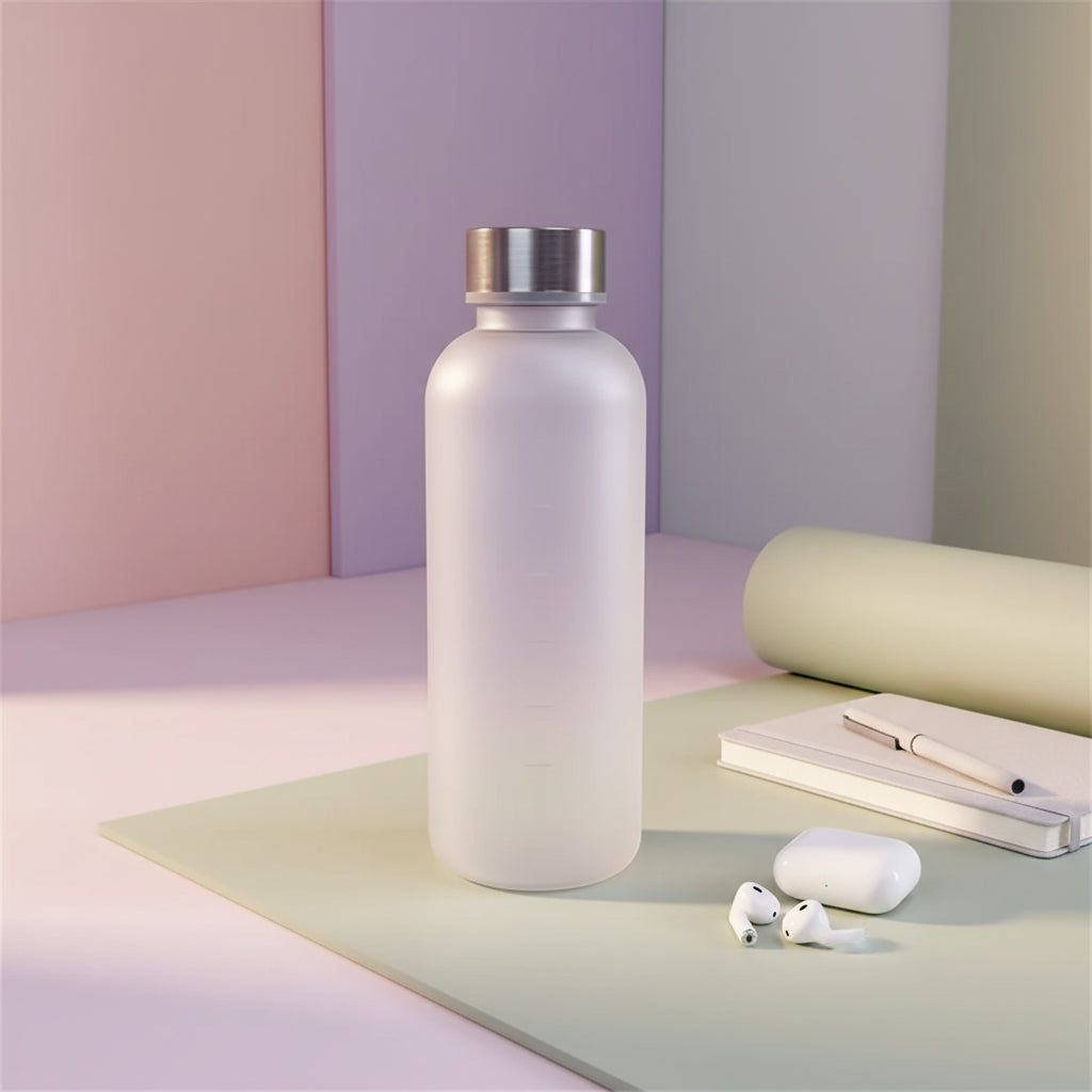 Frosted water bottle with silver cap on a light surface with a neutral background