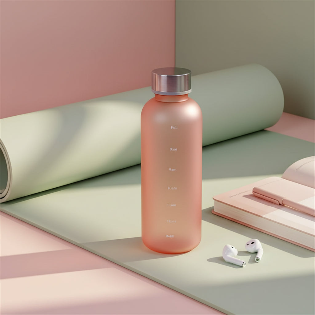 Pink water bottle with silver cap on a light surface with a blurred background