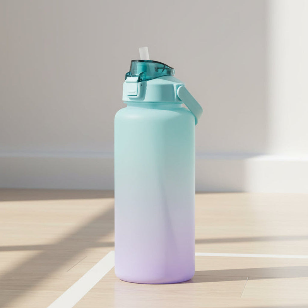 Gradient water bottle with measurement markings on a white background