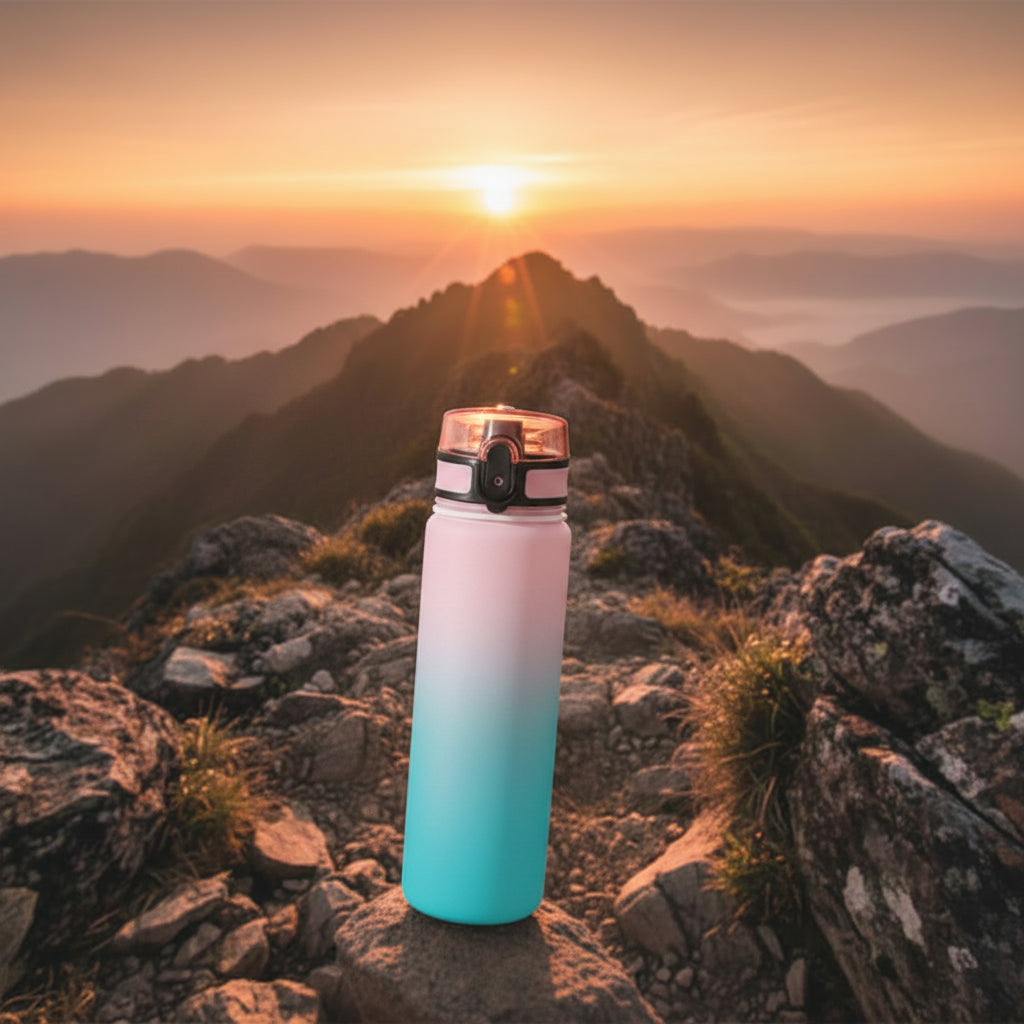Gradient water bottle held by a hand with a badminton racket in the background