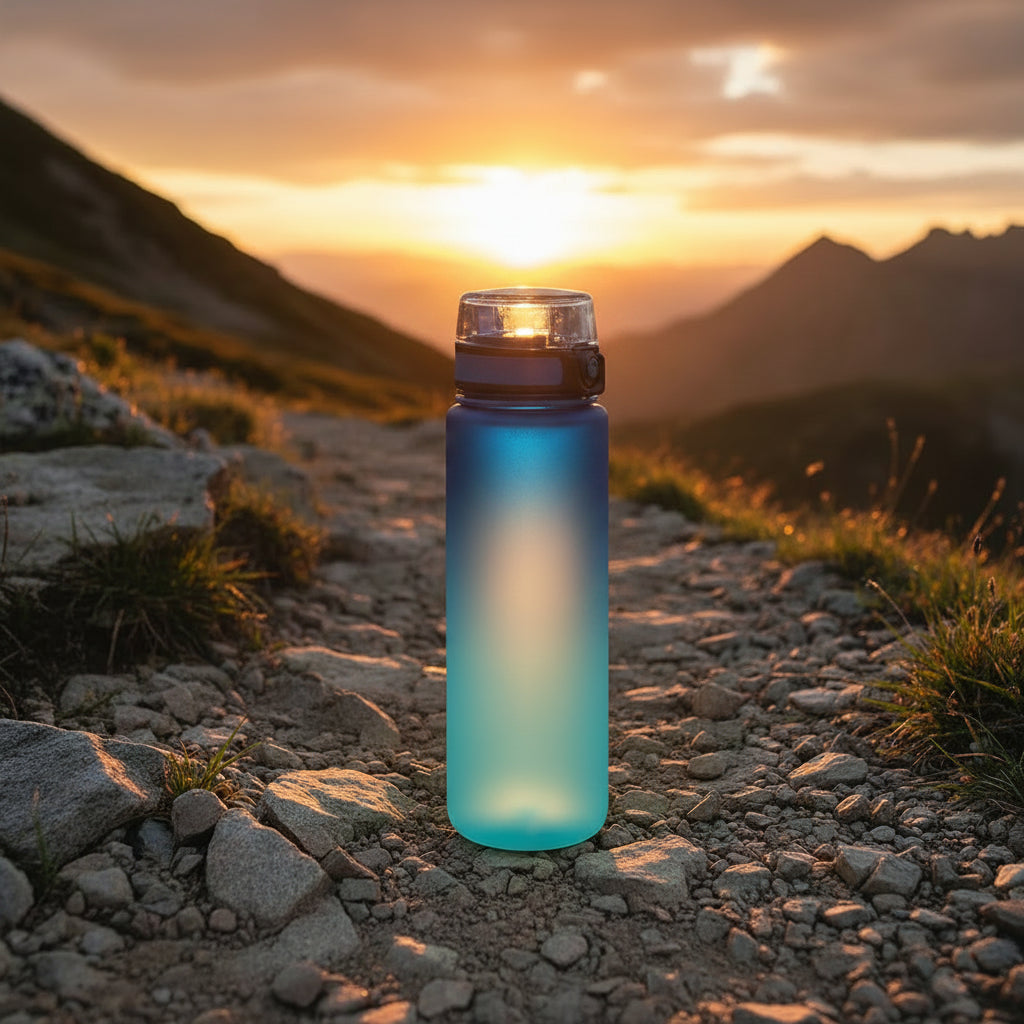 Blue gradient water bottle being filled with a white mug on a textured blue surface
