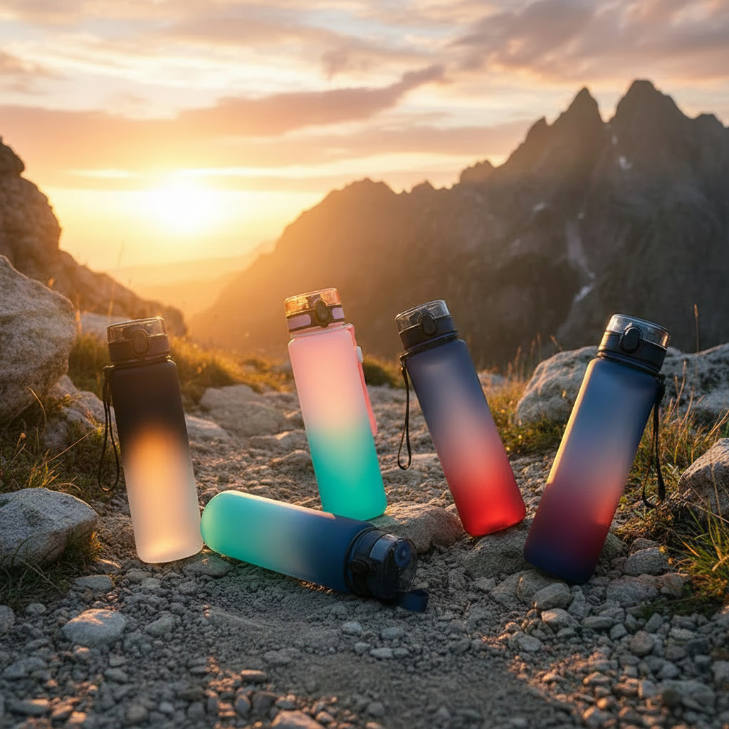 Colorful water bottles on a road with sports equipment