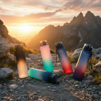 Colorful water bottles on a road with sports equipment