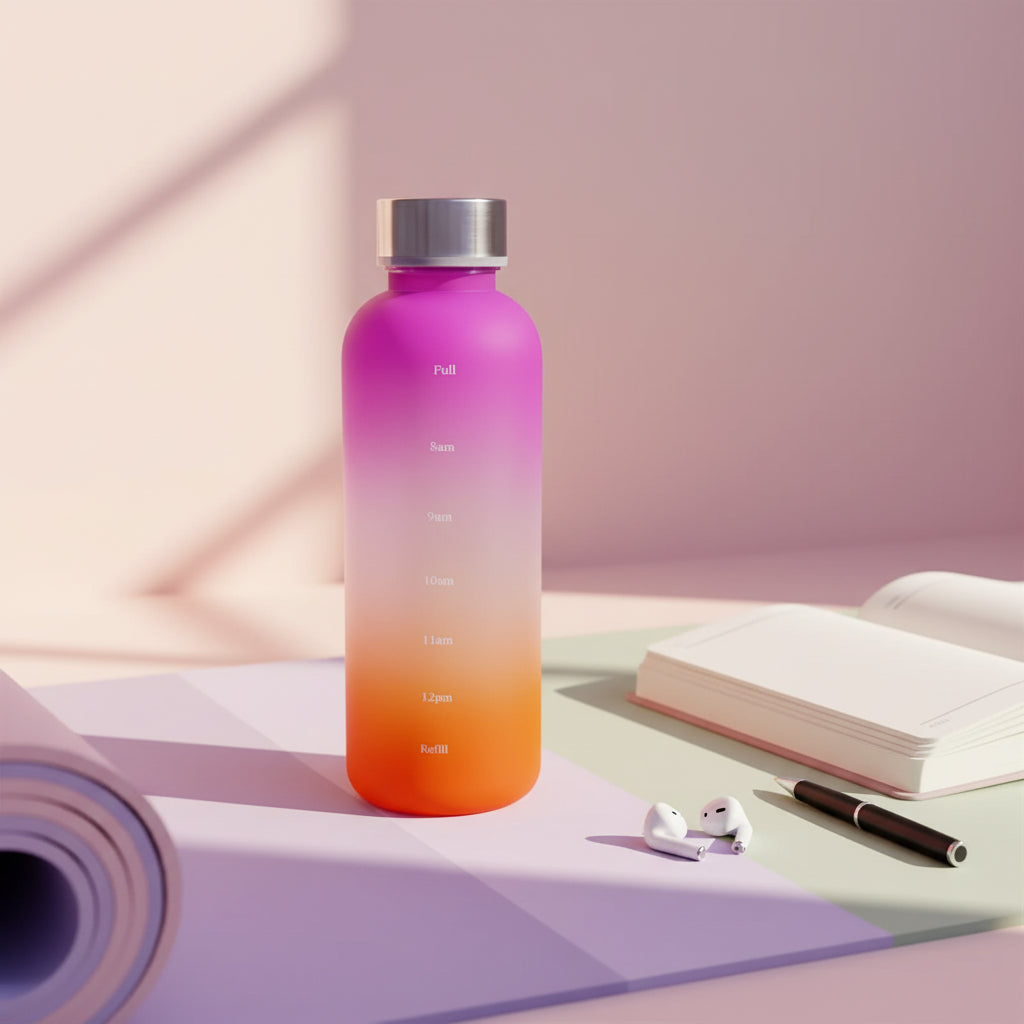 Gradient water bottle with pink to orange color scheme on a light surface.