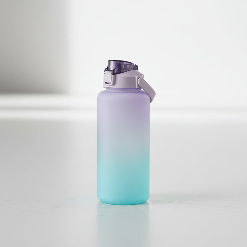 Gradient blue to purple water bottle with motivational text on a white background