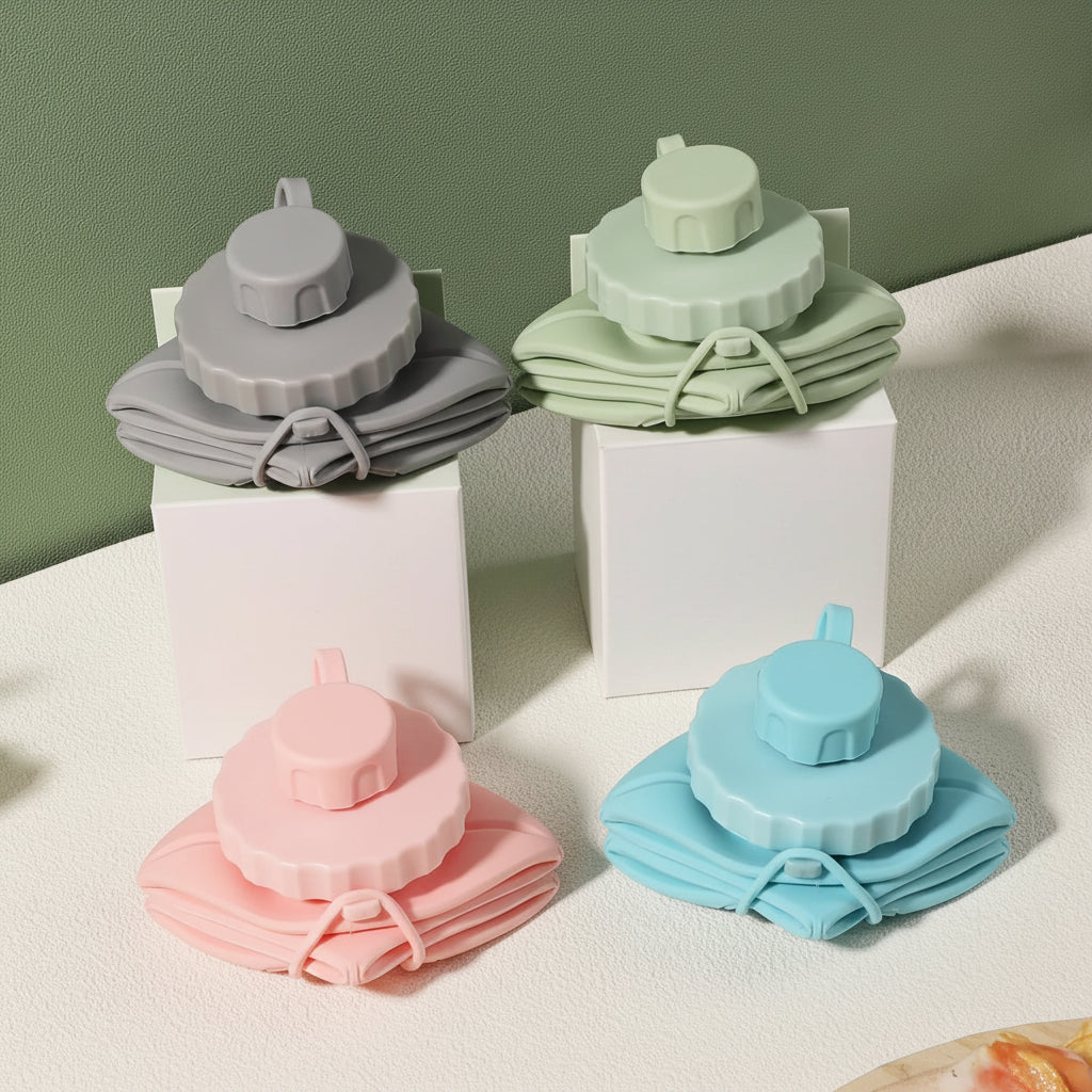 Silicone folding bottles in various colors with packaging on a light surface.