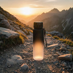 Black water bottle with 'SPIRIT' branding on a dark background with decorative elements.