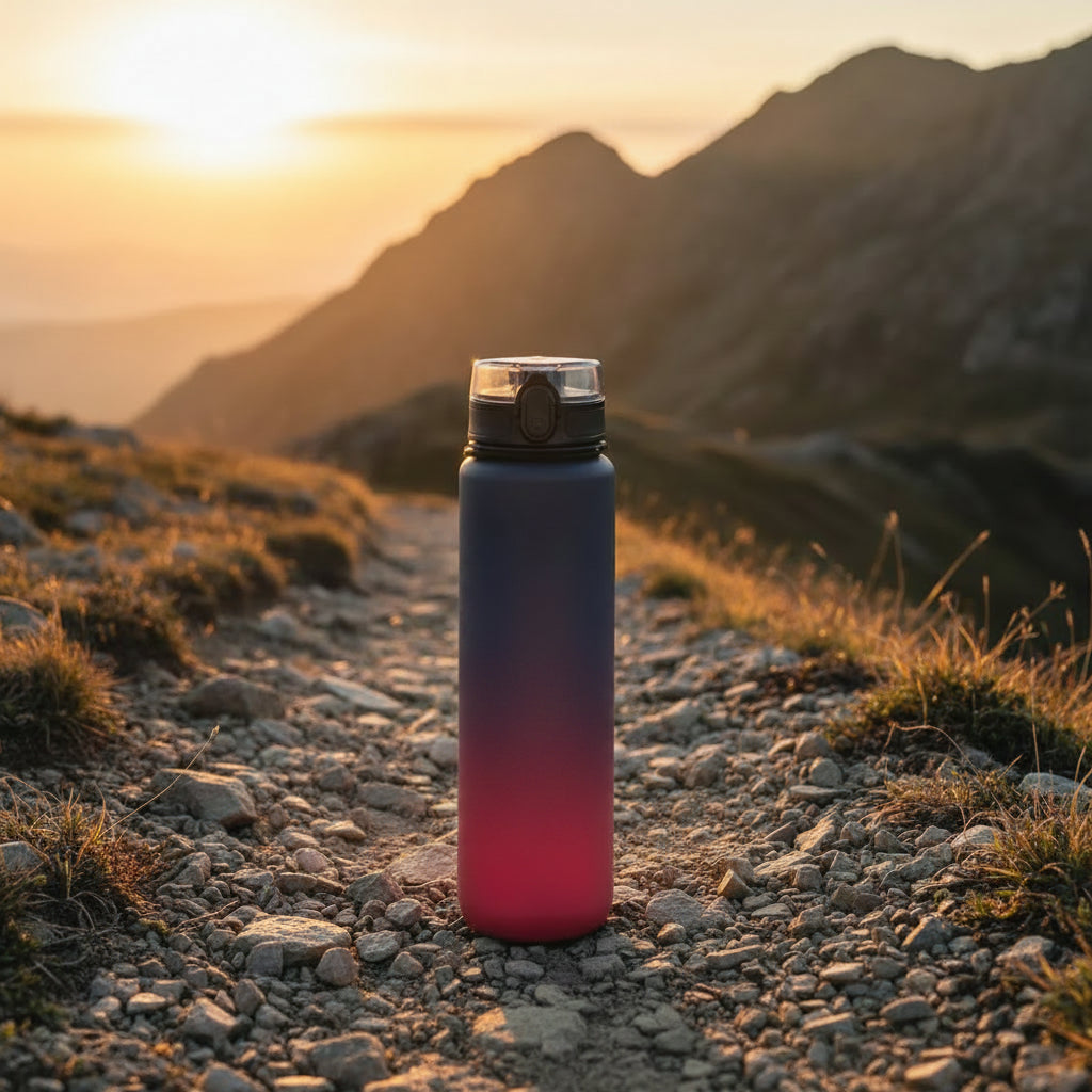 Gradient water bottle with 'Sprit' branding on a table with exercise equipment.