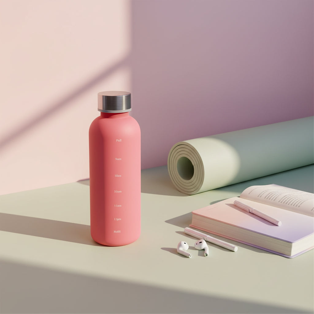 Pink water bottle with silver cap on a light surface with a neutral background