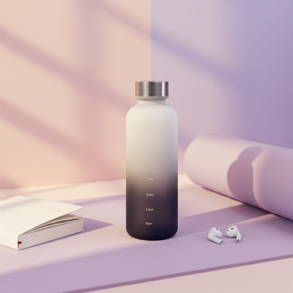 Gradient water bottle with measurement markings on a light surface.