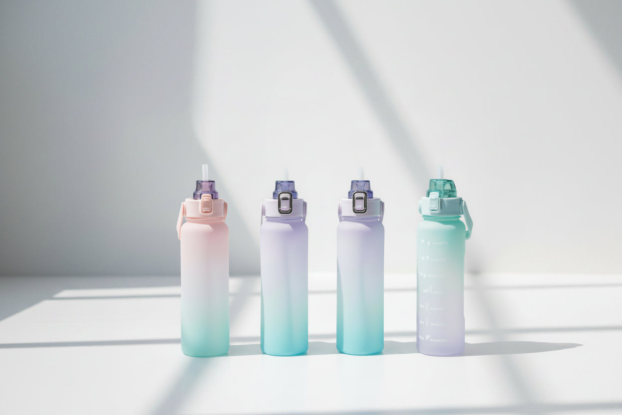 Four gradient-colored water bottles on a light background