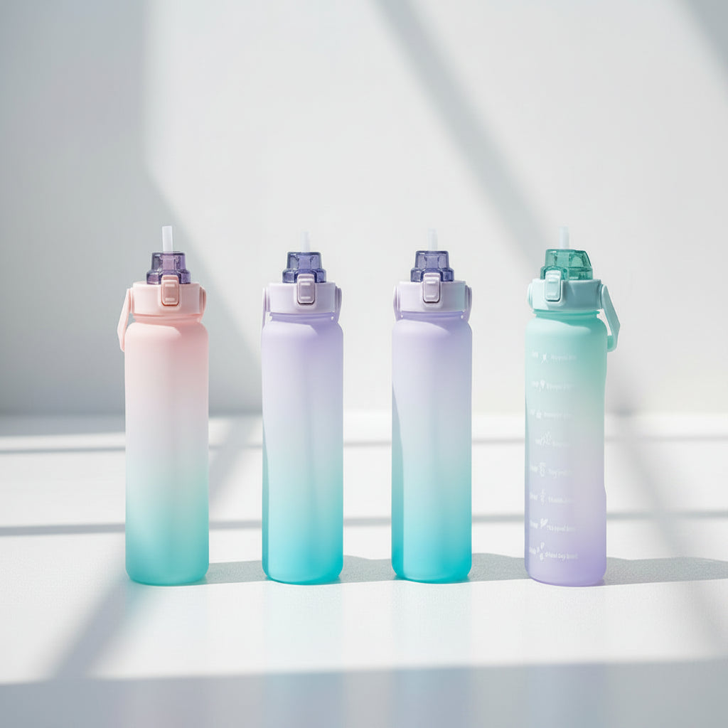 Gradient-colored water bottles held by hands against a blue background