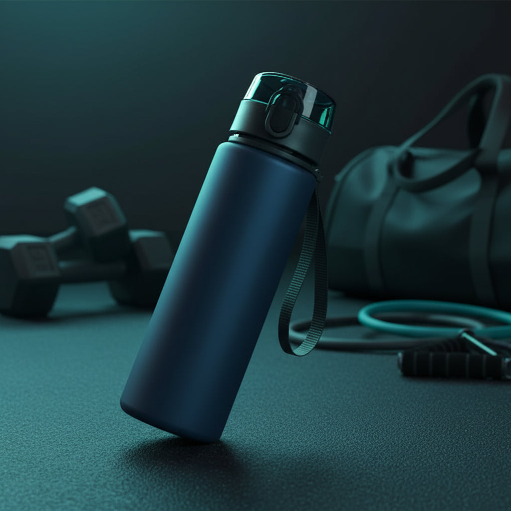 Blue water bottle with a black lid on a wooden surface, next to a watch and pen.
