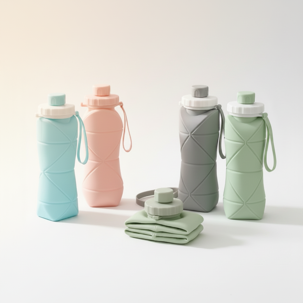 Set of colorful collapsible water bottles on a wooden table with a home interior background.