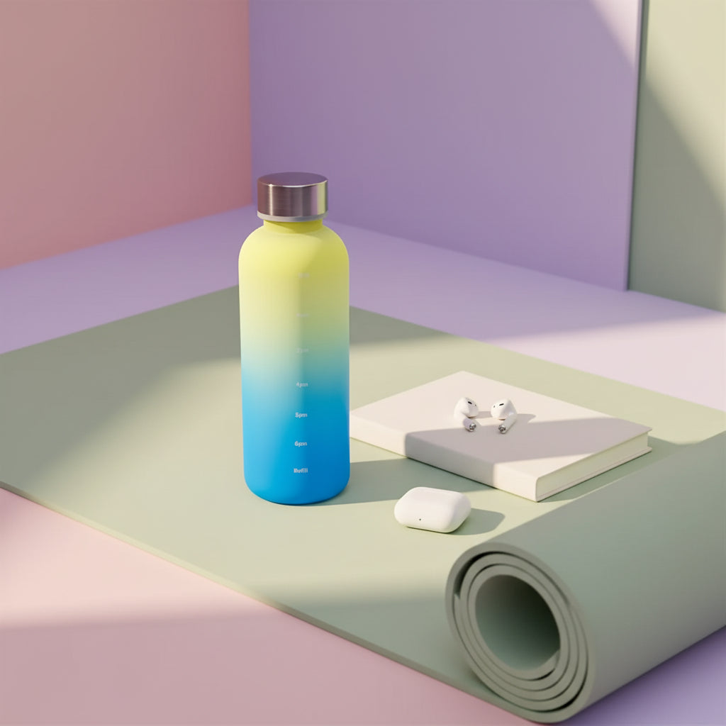 Gradient yellow to blue water bottle on a light surface with a blurred background