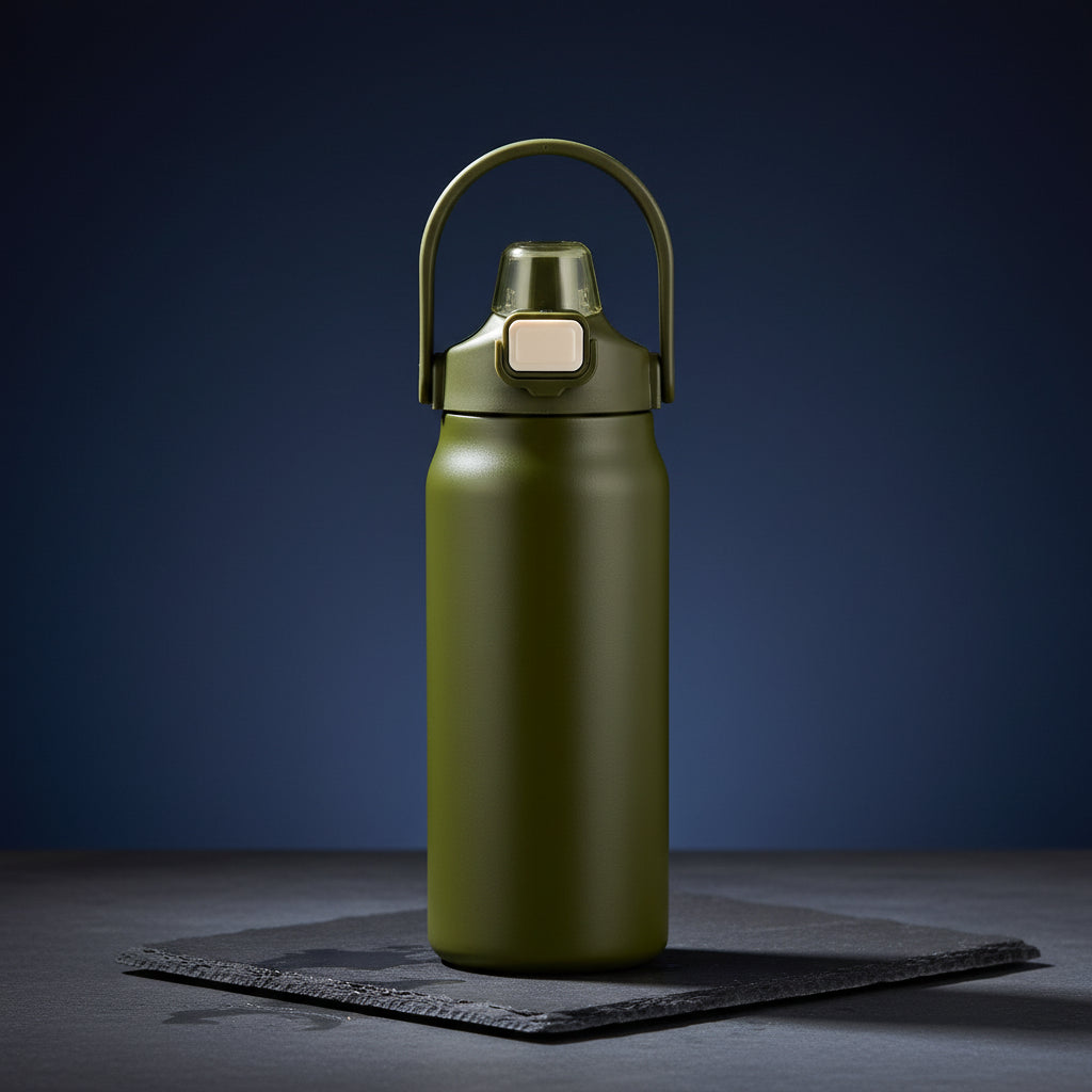 Green water bottle with a cap on a white background