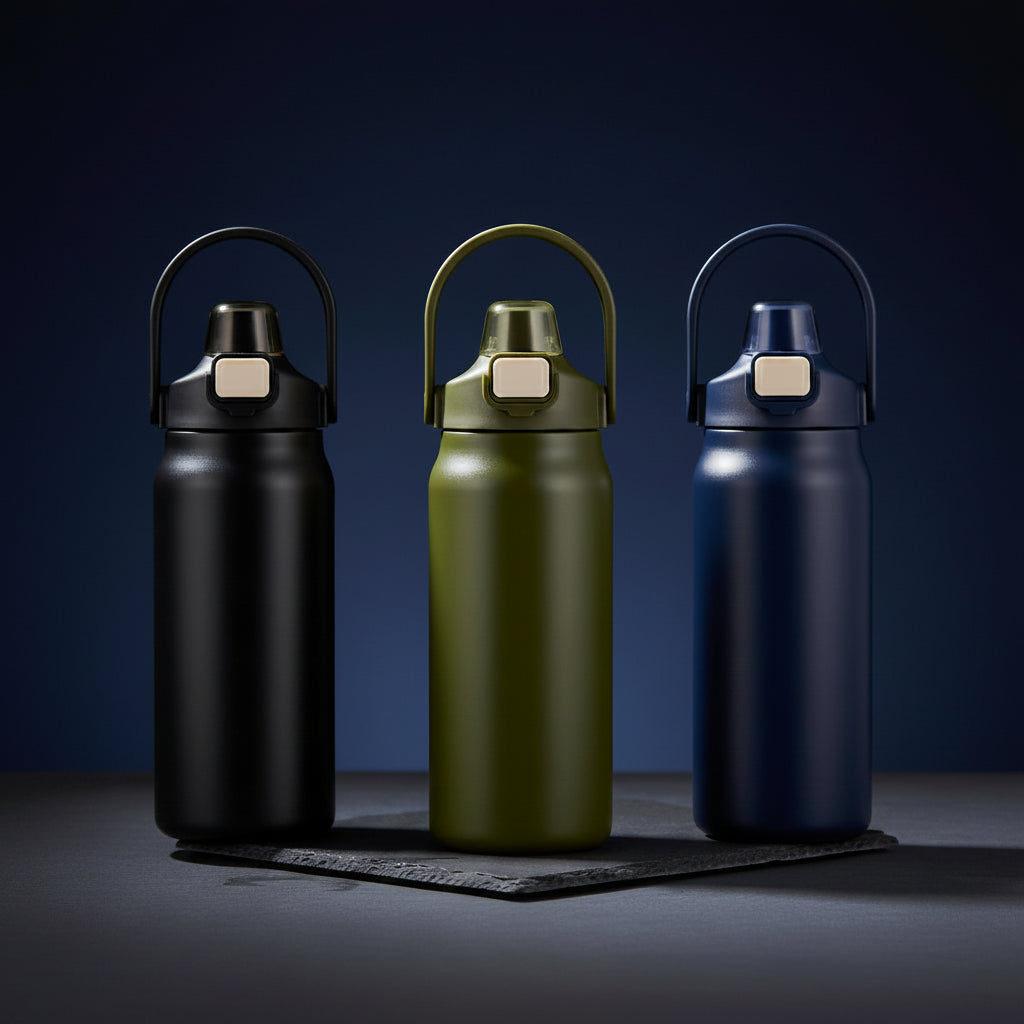 Green, Black and Navy Blue water bottle with a cap Dark moody studio background, deep navy blue gradient, black slate surface