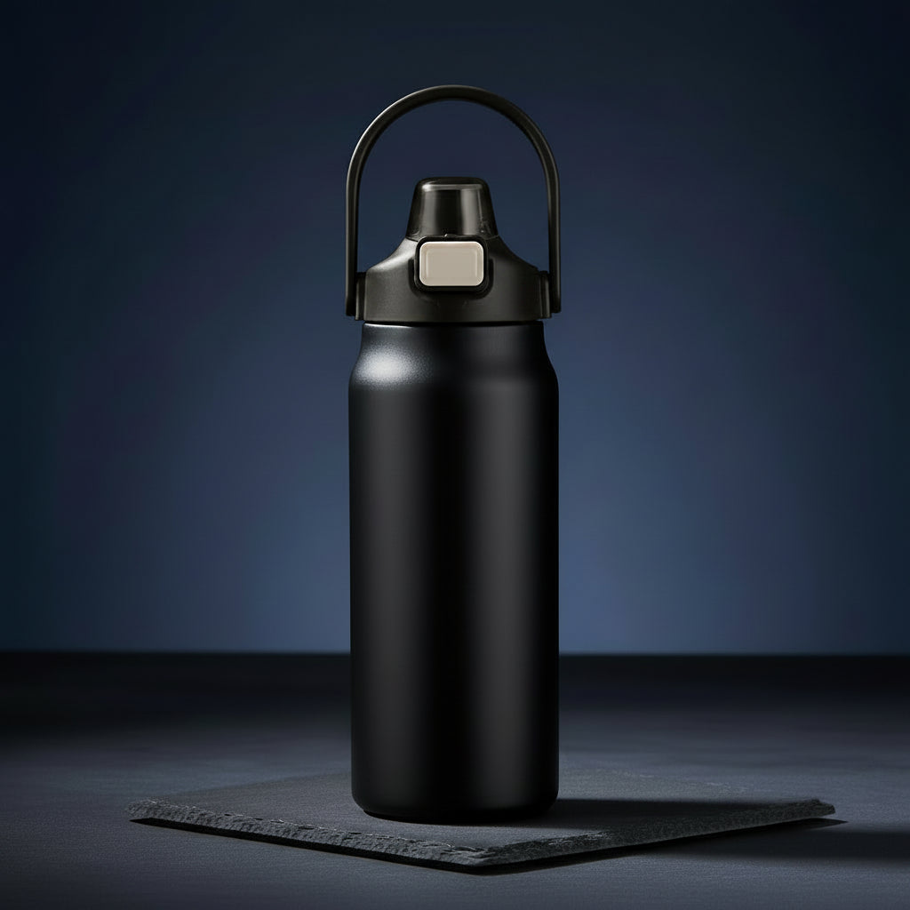 Dark blue water bottle with a black lid on a dark background