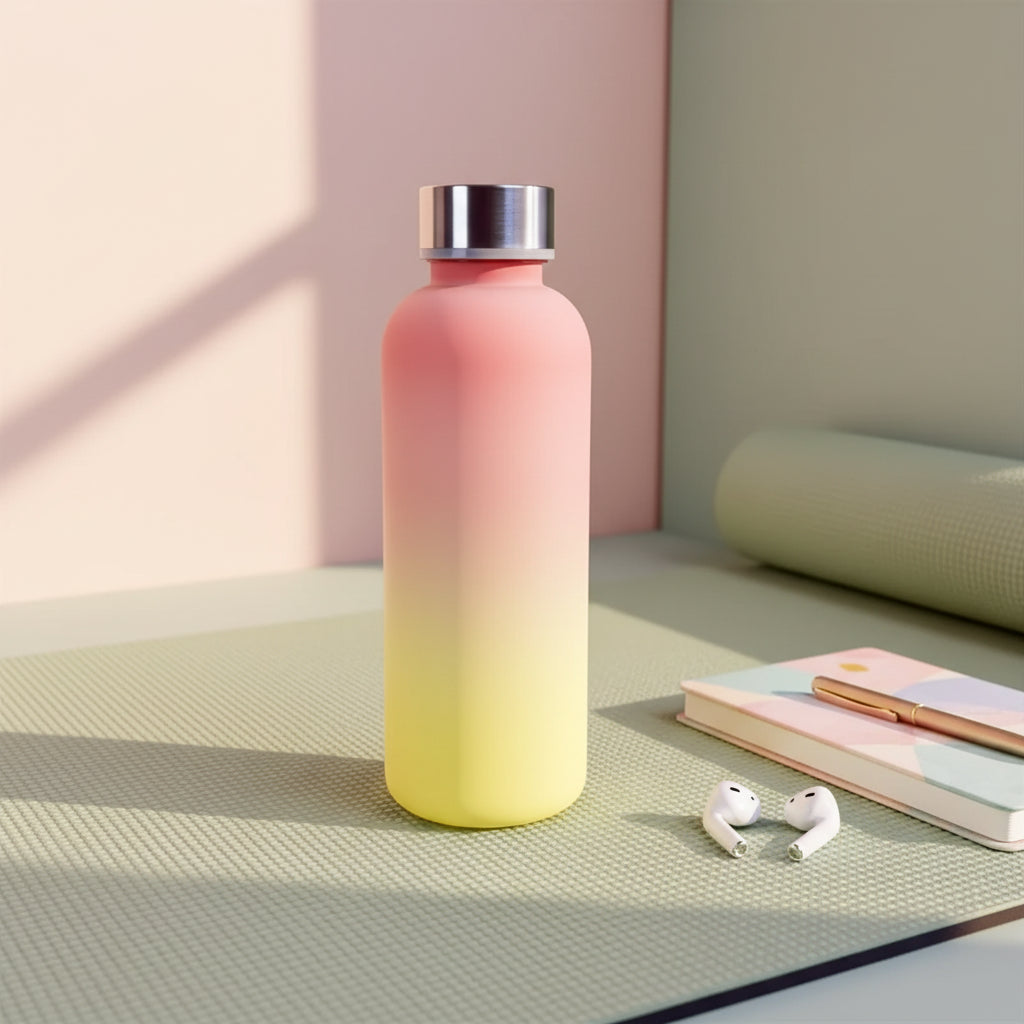 Gradient pink to yellow water bottle with silver cap on a light surface.